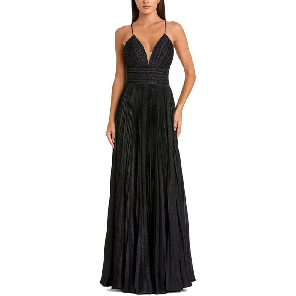 Mac Duggal Womens Shimmer Pleated V-Neck Gown